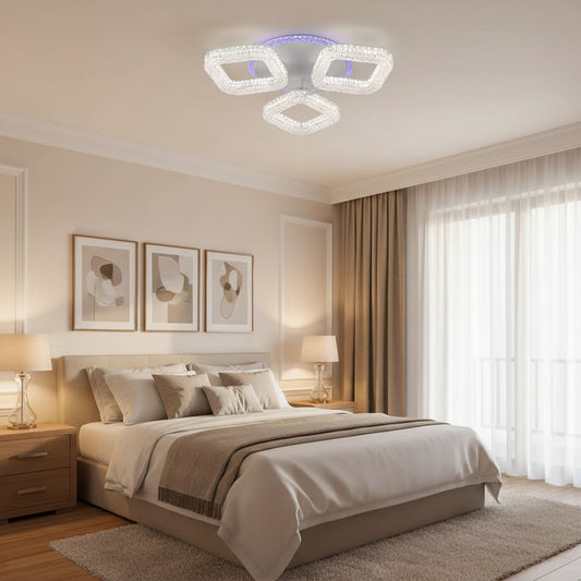 Lustra LED RENATO Nobile cu telecomanda si cristal,  39W, 3 Patrate, Lumina Rece/Calda/Neutra, Dimabila, Alb