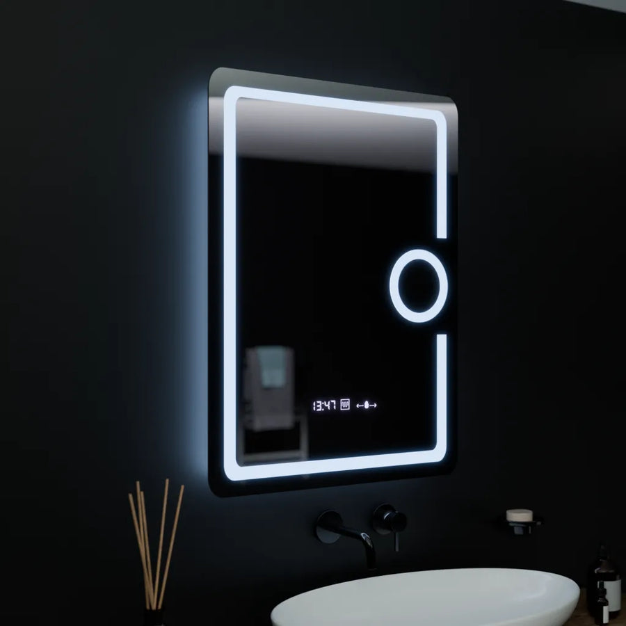 Ορθογώνιος καθρέφτης LED, 60x80cm, Eclat MotionGlow Marcello, Ρολόι & Θερμόμετρο, Σύστημα Demister, Καλλυντικός Μεγεθυντικός φακός, Dimabila Mirrors Marcello Προεπιλεγμένος τίτλος Alessandro Design