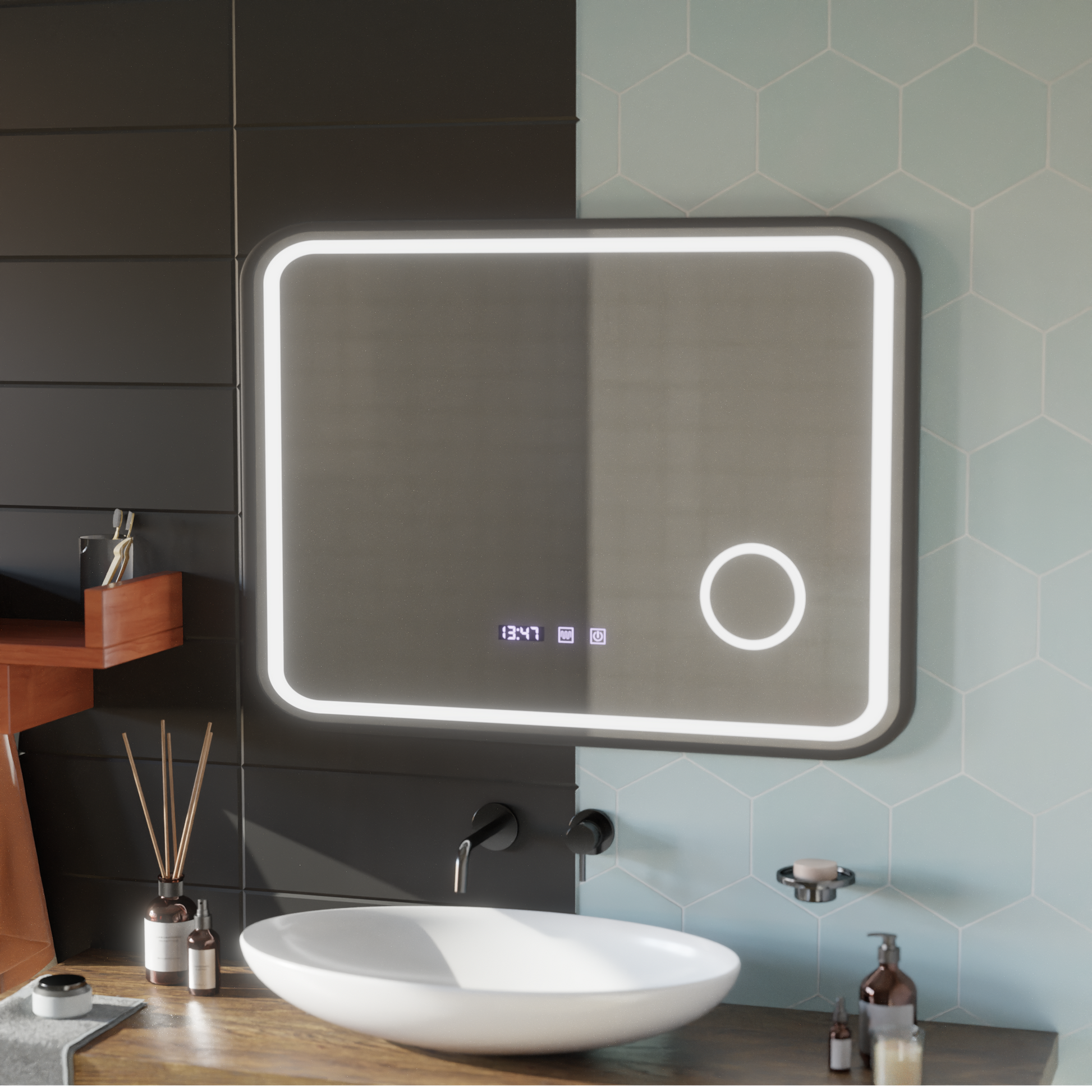 LED Touch Bernd Mirror De-fogging System, Clock and Temperature 80x60 cm Μαύρο πλαίσιο Βουρτσισμένο καλλυντικό μεγεθυντικός φακός Καθρέφτες Korman S Προεπιλεγμένος τίτλος Alessandro Design