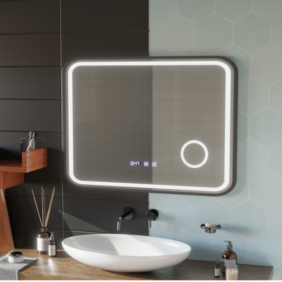 LED Touch Bernd Mirror De-fogging System, Clock and Temperature 80x60 cm Μαύρο πλαίσιο Βουρτσισμένο καλλυντικό μεγεθυντικός φακός Καθρέφτες Korman S Προεπιλεγμένος τίτλος Alessandro Design