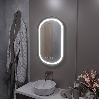 Helmut LED Touch Mirror System De-fogging, Clock and Temperature 50x80 cm Μαύρο πλαίσιο Brushed Marcello Funghi