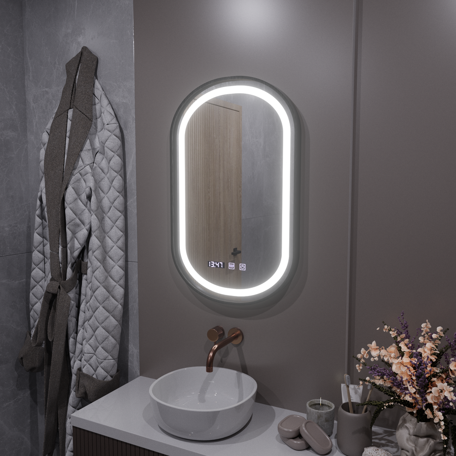Helmut LED Touch Mirror System De-fogging, Clock and Temperature 50x80 cm Μαύρο πλαίσιο Brushed Marcello Funghi