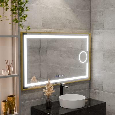 Ορθογώνιος καθρέφτης LED, 110x65cm, Eclat MotionGlow Marcello, Σύστημα Demister, Ρολόι & Θερμόμετρο, Καλλυντικό μεγεθυντικός φακός, Dimable, Βουρτσισμένο χρυσό πλαίσιο