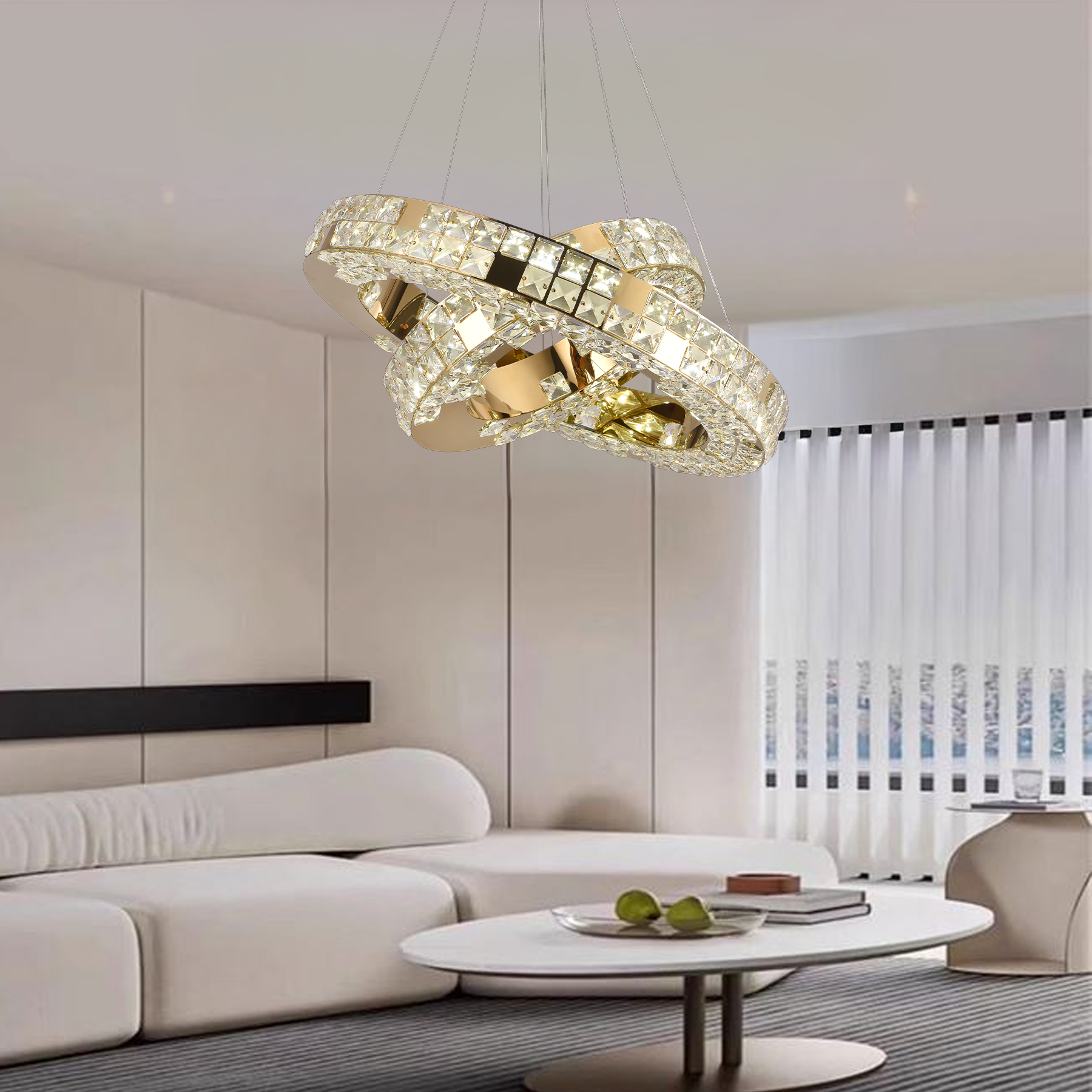 Lustra LED cu Telecomanda, LLC135/2GD, Cristal si Metal, 54W, 2 Cerc, Dimabila, Inaltime Reglabila, Lumina Rece/Calda/Neutra 3000K/4000K/6000K, Iluminat Luxos Lustre LED cu Telecomanda Default Title Alessandro Design