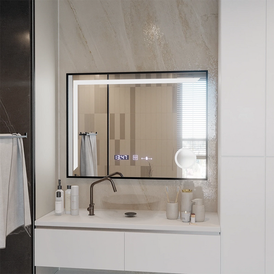 Αισθητήρας καθρέφτη LED MotionGlow Francesca 80x60 cm Θερμό/κρύο/ουδέτερο φως με δυνατότητα ρύθμισης του πλαισίου Μαύρο βουρτσισμένο σύστημα αποθαμβώματος Θερμόμετρο Ρολόι Marcello Funghi Collection