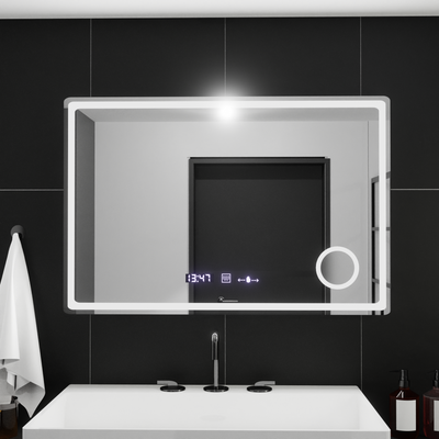 Ορθογώνιος καθρέφτης LED, 90x60 cm, Velor MotionGlow Marcello, Σύστημα Demister, Ρολόι & Θερμόμετρο, Καλλυντικός Μεγεθυντικός φακός, Ρυθμιζόμενος