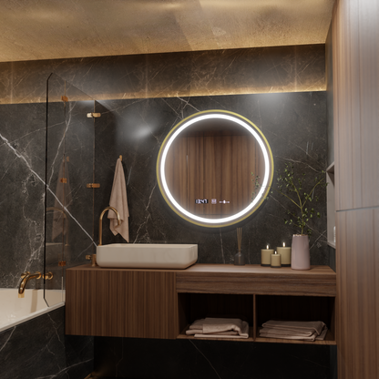 LED Στρογγυλός καθρέφτης, 80 cm, Celeste Royale Gold MotionGlow Marcello, Σύστημα αποθαμβώματος, Ρολόι & Θερμόμετρο, Καθρέφτες Dimable Marcello Προεπιλεγμένος τίτλος Alessandro Design