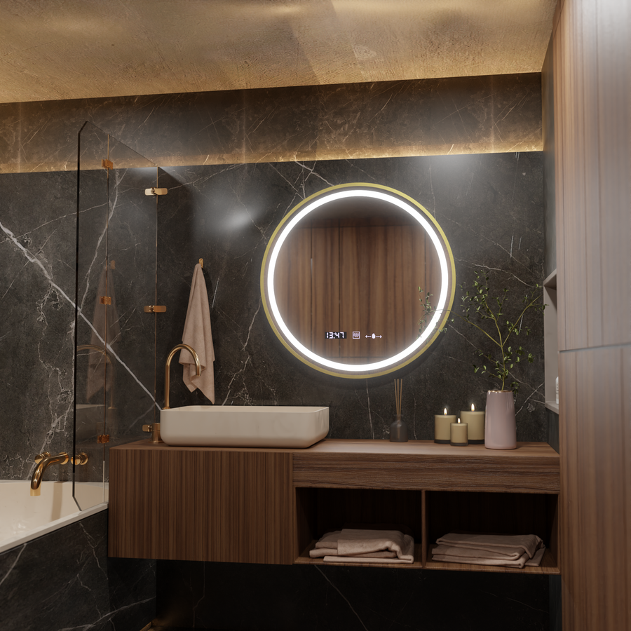 LED Στρογγυλός καθρέφτης, 80 cm, Celeste Royale Gold MotionGlow Marcello, Σύστημα αποθαμβώματος, Ρολόι & Θερμόμετρο, Καθρέφτες Dimable Marcello Προεπιλεγμένος τίτλος Alessandro Design
