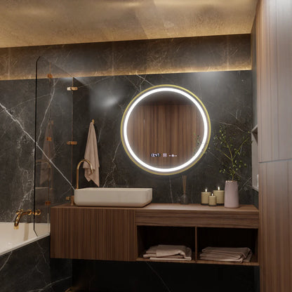 Στρογγυλός καθρέφτης LED, 60 cm, Celeste Royale Gold Eleve MotionGlow Marcello, Σύστημα αποθαμβώματος, Ρολόι & Θερμόμετρο, Ρυθμιζόμενο, Αποσπώμενο λουρί Καθρέφτες Marcello Προεπιλεγμένος τίτλος Alessandro Design