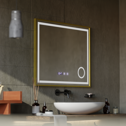 Σύστημα αποθολώματος καθρεπτών αφής CLARUS LED, ρολόι και θερμοκρασία 80x60 cm Χρυσό πλαίσιο Βουρτσισμένο καλλυντικό μεγεθυντικός φακός Καθρέφτες Korman S Προεπιλεγμένος τίτλος Alessandro Design