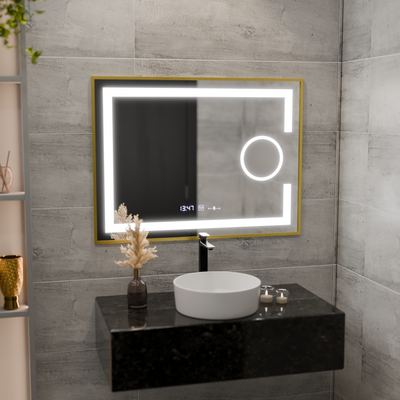 Ορθογώνιος καθρέφτης LED, 80x60cm, Eclat MotionGlow Marcello, Σύστημα αποθάμβωσης, Ρολόι & Θερμόμετρο, Καλλυντικό μεγεθυντικός φακός, Dimable, Βουρτσισμένο χρυσό πλαίσιο