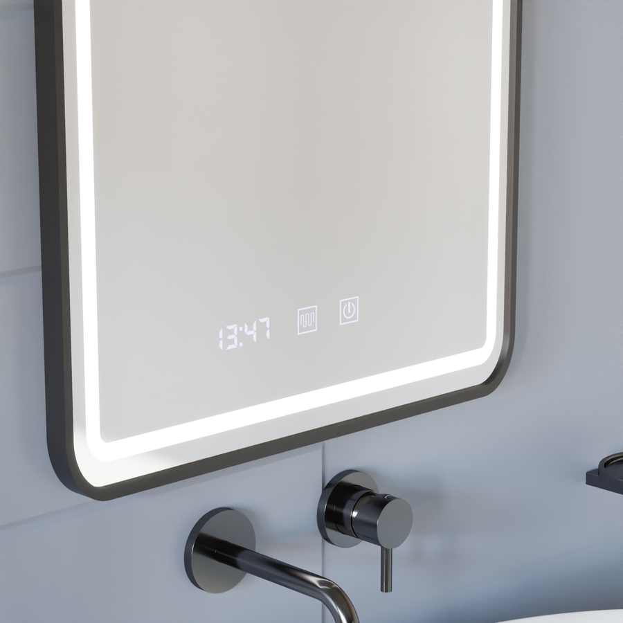 Καθρέφτης LED Touch LUCIDA Σύστημα αποθαμβωσης, Ρολόι και Θερμοκρασία 60x80 cm Πλαίσιο Μαύροι Βουρτσισμένοι Καθρέπτες Korman S Προεπιλεγμένος τίτλος Alessandro Design