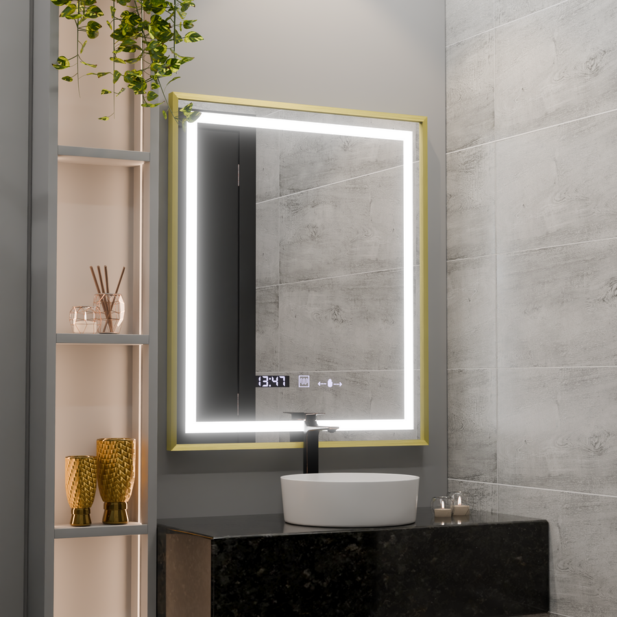 Ορθογώνιος καθρέφτης LED, 75x90 cm, Verite Royale Gold MotionGlow Marcello, Σύστημα αποθαμβώματος, Ρολόι & Θερμόμετρο, Dimable Καθρέφτες Marcello Προεπιλεγμένος τίτλος Alessandro Design