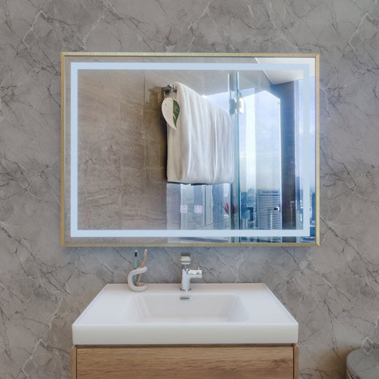 Καθρέφτης LED αφής RAYNA, 80x60 cm, λειτουργία Demist, Καθρέφτες από βουρτσισμένο χρυσό πλαίσιο Korman E Προεπιλεγμένος τίτλος Alessandro Design