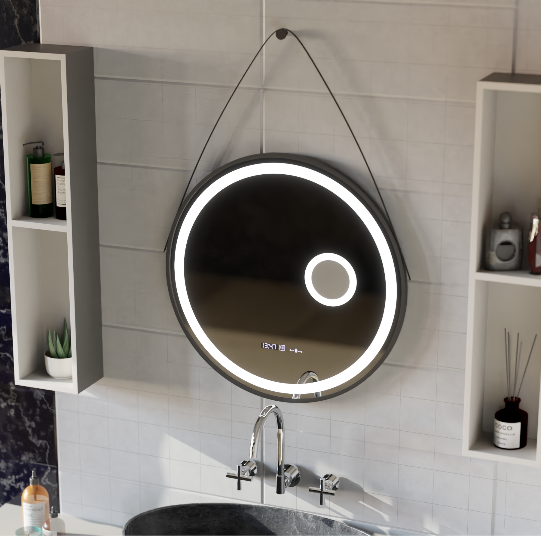 Στρογγυλός καθρέφτης LED, 11W, 60cm, Micah Marcello MotionGlow Sensor, Demister System, Clock & Thermometer, Cosmetic Magifier, Dimable Marcello Mirrors Προεπιλεγμένος τίτλος Alessandro Design
