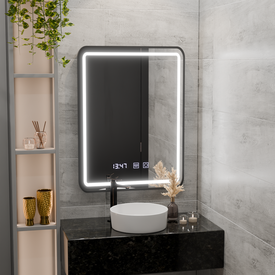 Καθρέφτης LED Touch LUCIDA Σύστημα αποθαμβωσης, Ρολόι και Θερμοκρασία 50x70 cm Πλαίσιο Μαύροι Βουρτσισμένοι Καθρέφτες Korman S Προεπιλεγμένος τίτλος Alessandro Design