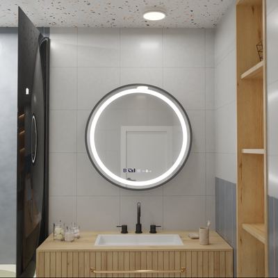 LED Στρογγυλός καθρέφτης, 80cm, Celeste Majesté Noir MotionGlow Marcello, Σύστημα Demister, Ρολόι & Θερμόμετρο, Ρυθμιζόμενο