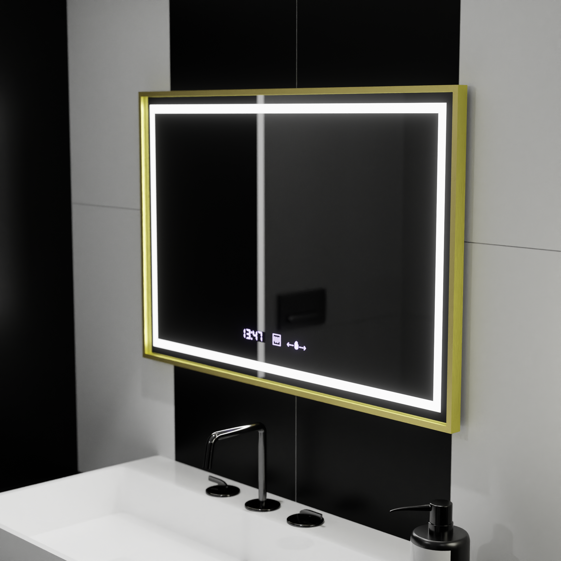 Ορθογώνιος καθρέφτης LED, 100x65 cm, Verite Royale Gold Motion Glow Marcello, Σύστημα αποθάμβωσης, Ρολόι & Θερμόμετρο, Dimable Mirrors Marcello Προεπιλεγμένος τίτλος Alessandro Design