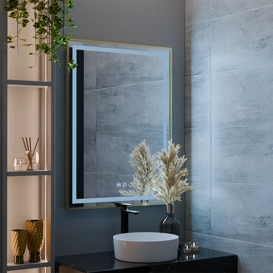 Καθρέφτης LED αφής RAYNA, 60x80 cm, λειτουργία Demist, Βουρτσισμένο χρυσό πλαίσιο