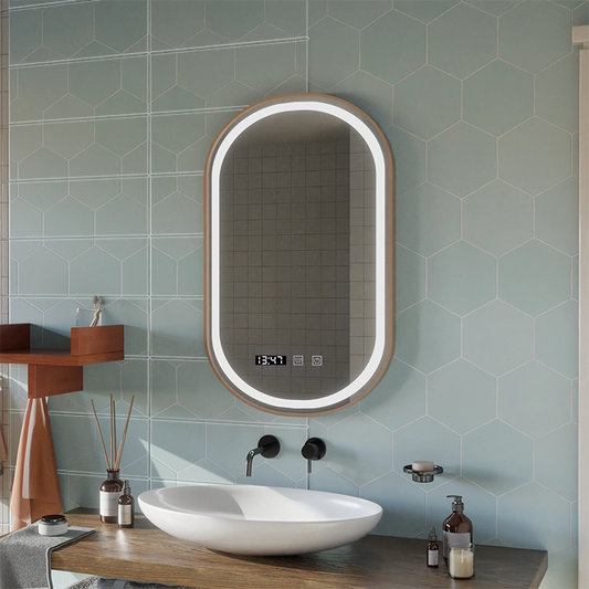Konrad LED Touch Mirror System Demist, Ρολόι και Θερμοκρασία 50x80 cm Βουρτσισμένο Χρυσό Πλαίσιο, Ζεστό Ουδέτερο Ψυχρό Φως 3000K/4000K/6000K