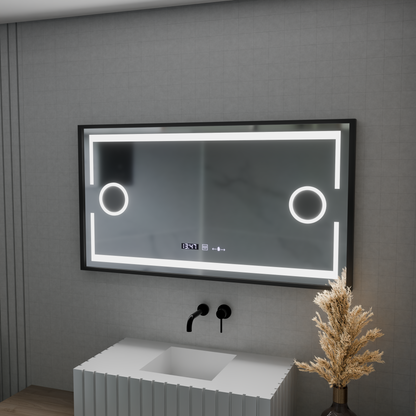 Καθρέφτης LED MotionGlow αισθητήρας Domingo με λειτουργία αποθαμβώματος Θερμόμετρο Ρολόι 120x65 cm Ρυθμιζόμενο Κρύο/Ζεστό/Ουδέτερο φως, Brushed Black Frame, Marcello Funghi συλλογή Marcello Mirrors Προεπιλεγμένος τίτλος Alessandro Design
