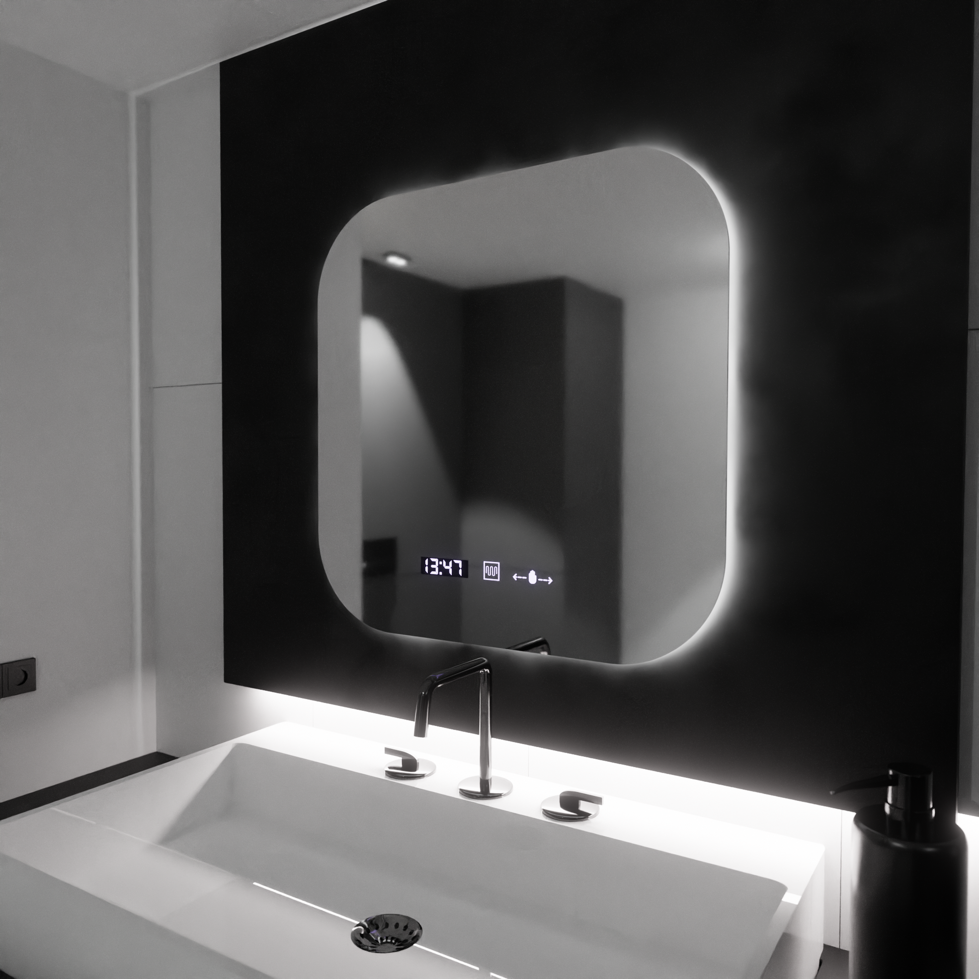 Ορθογώνιος καθρέφτης LED 60x60 Aura Riflesso Puro MotionGlow Marcello, Σύστημα αποθάμβωσης, Θερμόμετρο και ρολόι, Dimable Mirrors Marcello Προεπιλεγμένος τίτλος Alessandro Design