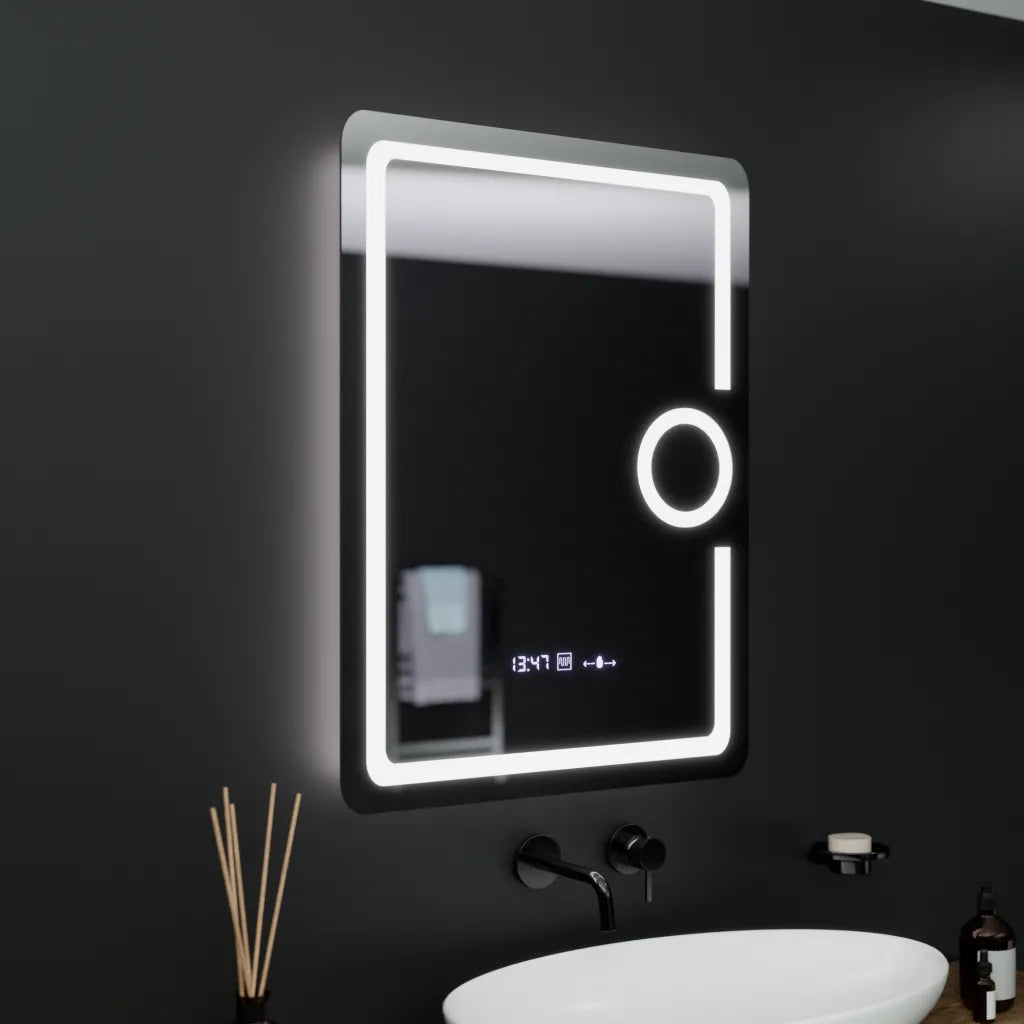 Ορθογώνιος καθρέφτης LED, 60x80cm, Eclat MotionGlow Marcello, Ρολόι & Θερμόμετρο, Σύστημα Demister, Καλλυντικός Μεγεθυντικός φακός, Dimabila Mirrors Marcello Προεπιλεγμένος τίτλος Alessandro Design