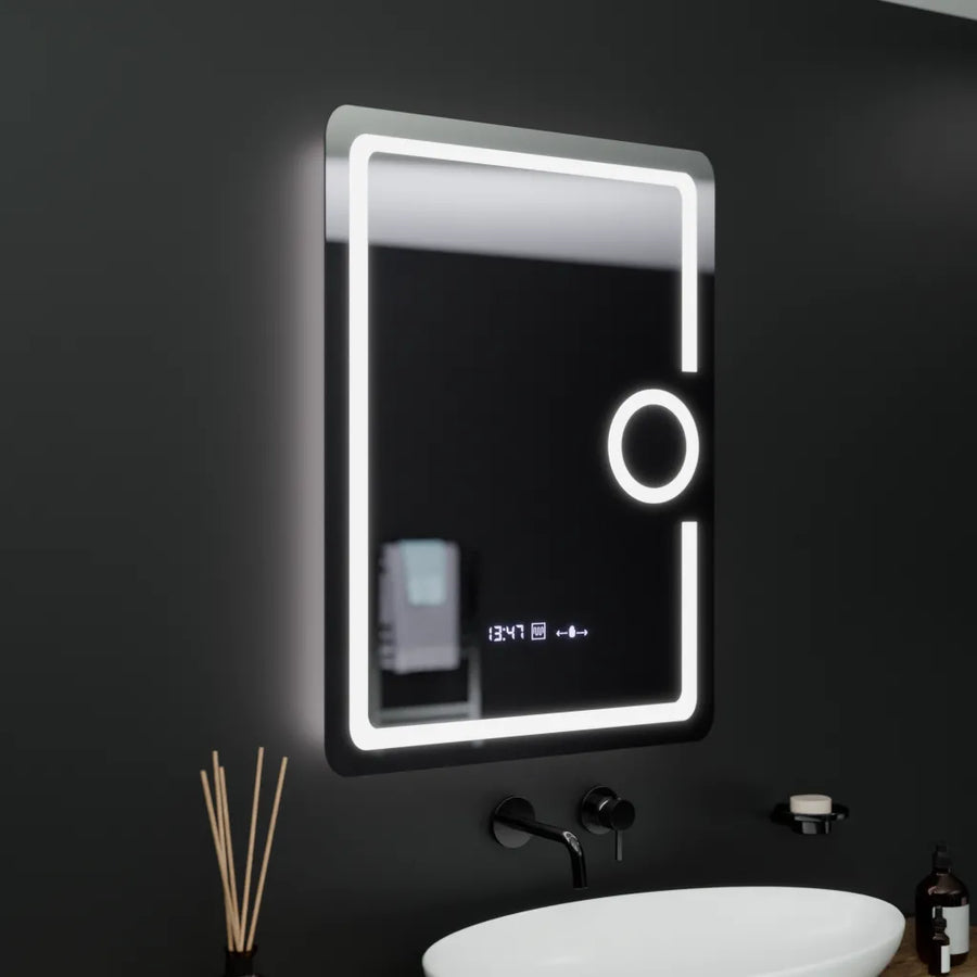Ορθογώνιος καθρέφτης LED, 60x80cm, Eclat MotionGlow Marcello, Ρολόι & Θερμόμετρο, Σύστημα Demister, Καλλυντικός Μεγεθυντικός φακός, Dimabila Mirrors Marcello Προεπιλεγμένος τίτλος Alessandro Design