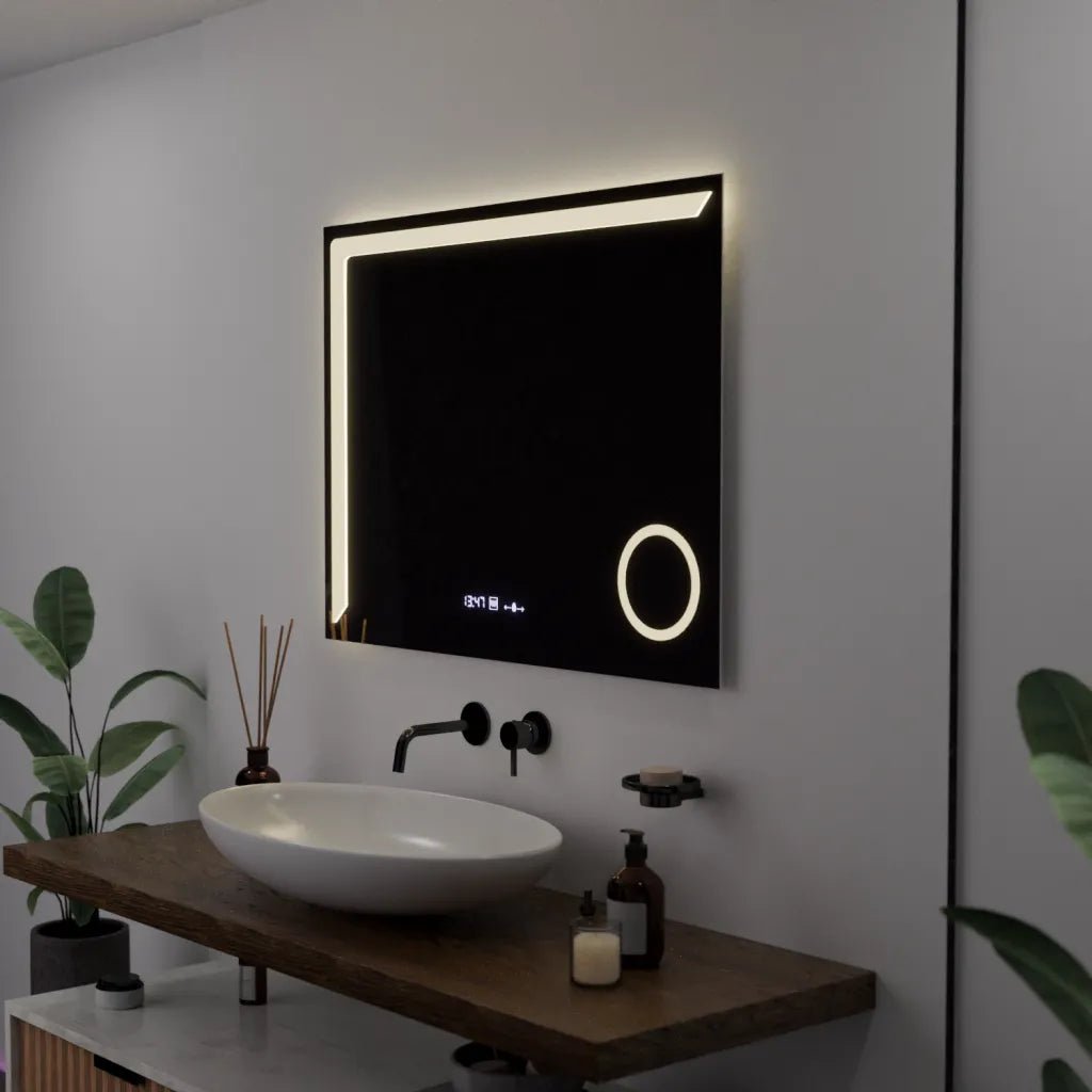 Ορθογώνιος καθρέφτης LED, 80x60 cm, Precision MotionGlow Marcello, Σύστημα αποθαμβώματος, Ρολόι & Θερμόμετρο, Καλλυντικός Μεγεθυντικός φακός, Dimable Marcello Mirrors Προεπιλεγμένος τίτλος Alessandro Design