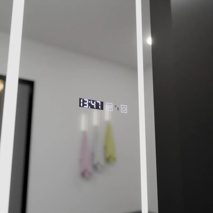 Ορθογώνιος καθρέφτης LED, 45x140 εκ., Αισθητήρας ραντάρ Giulia Marcello, Σύστημα αποθάμβωσης, Ρολόι & Θερμόμετρο, Dimabila, Καθρέφτες ραπτικής στολής Προεπιλεγμένος τίτλος Alessandro Design