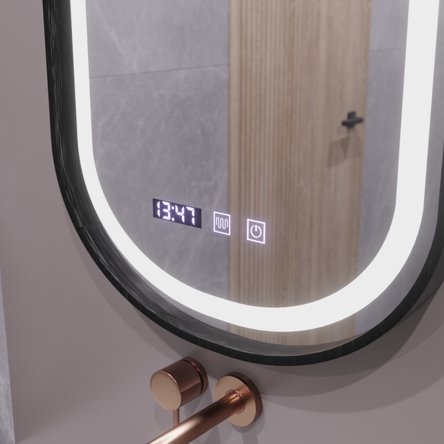 Helmut LED Touch Mirror De-fogging System, Clock and Temperature 50x90 cm Black Frame Brushed Marcello Funghi
