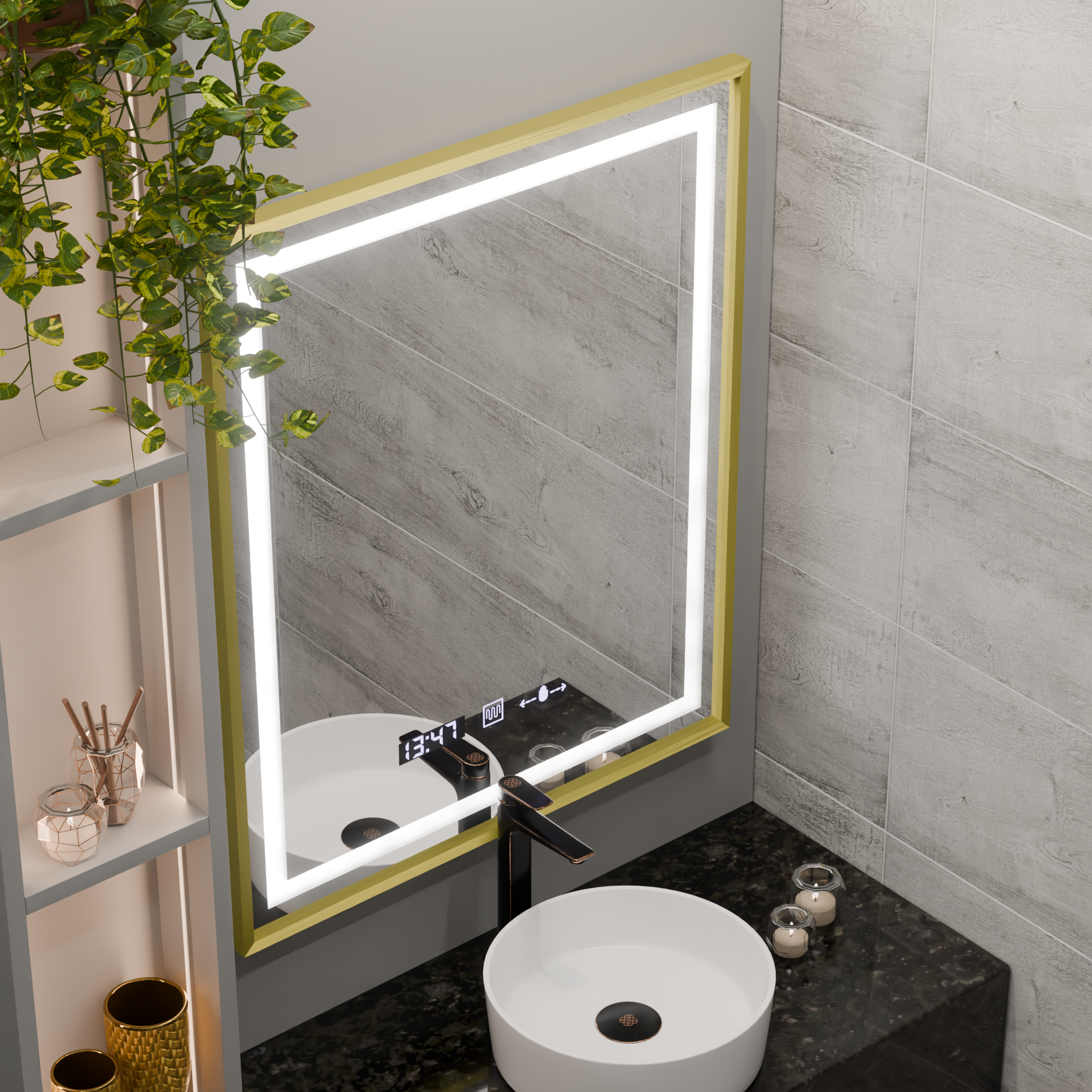 Ορθογώνιος καθρέφτης LED, 75x90 cm, Verite Royale Gold MotionGlow Marcello, Σύστημα αποθαμβώματος, Ρολόι & Θερμόμετρο, Dimable Καθρέφτες Marcello Προεπιλεγμένος τίτλος Alessandro Design