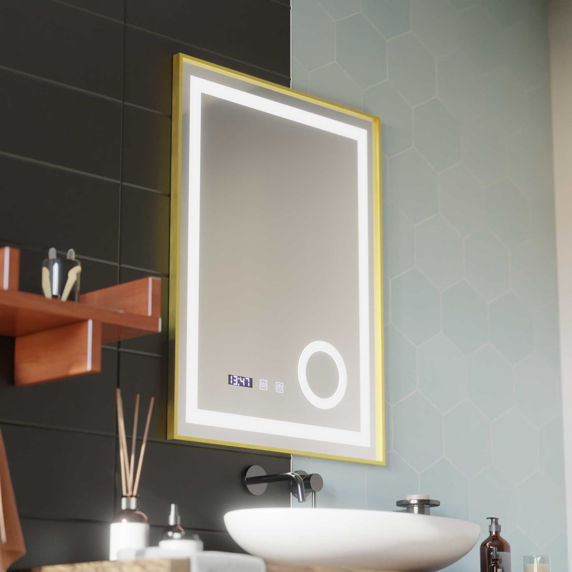 Σύστημα αποθολώματος καθρεπτών αφής CLARUS LED, ρολόι και θερμοκρασία 60x80 cm Χρυσό πλαίσιο Βουρτσισμένο καλλυντικό μεγεθυντικός φακός Καθρέφτες Korman S Προεπιλεγμένος τίτλος Alessandro Design
