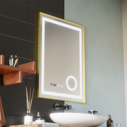 Σύστημα αποθολώματος καθρεπτών αφής CLARUS LED, ρολόι και θερμοκρασία 60x80 cm Χρυσό πλαίσιο Βουρτσισμένο καλλυντικό μεγεθυντικός φακός Καθρέφτες Korman S Προεπιλεγμένος τίτλος Alessandro Design