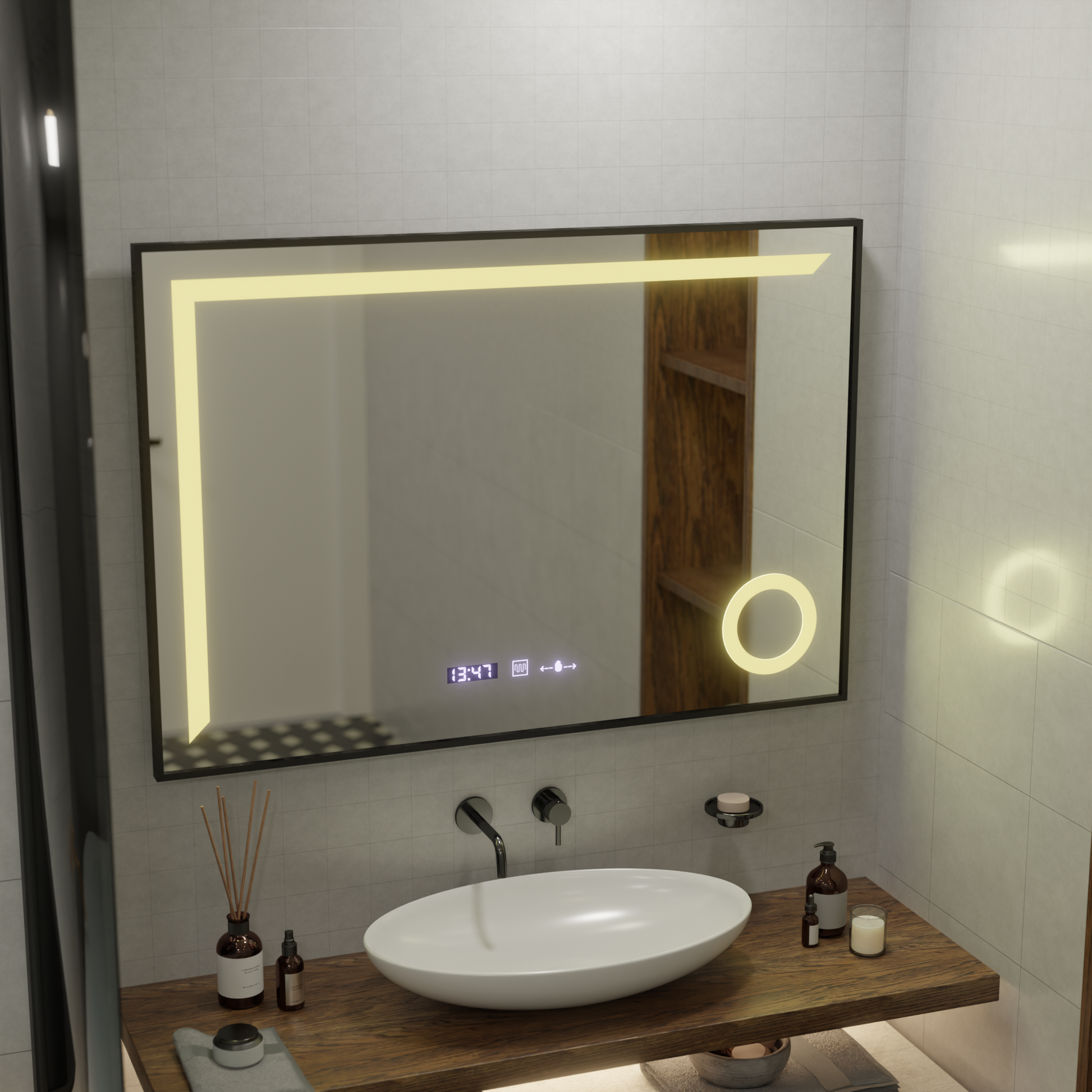 Καθρέφτης LED MotionGlow Αισθητήρας Sofia με λειτουργία αποθαμβώματος Θερμόμετρο Ρολόι 110x75 cm Ρυθμιζόμενο Ζεστό/Ψυχρό/Ουδέτερο φως, Brushed Black Frame, Marcello Funghi Collection Marcello Mirrors Προεπιλεγμένος τίτλος Alessandro Design