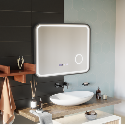 LED Touch Bernd Mirror De-fogging System, Clock and Temperature 80x60 cm Μαύρο πλαίσιο Βουρτσισμένο καλλυντικό μεγεθυντικός φακός Καθρέφτες Korman S Προεπιλεγμένος τίτλος Alessandro Design
