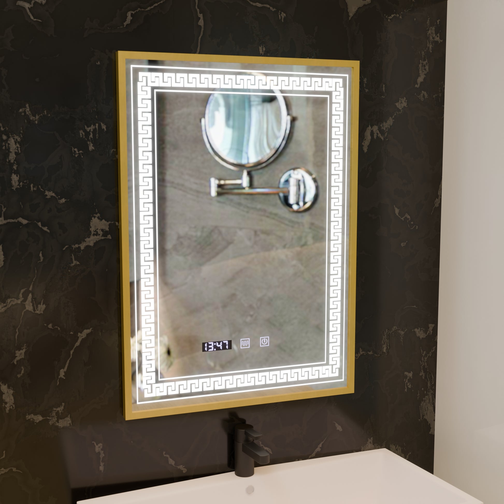 Καθρέφτης LED Touch Bruno Demister System, Ρολόι και θερμοκρασία 60x80 cm Βουρτσισμένο χρυσό πλαίσιο, S84/60X80 Καθρέφτες Korman S Προεπιλεγμένος τίτλος Alessandro Design