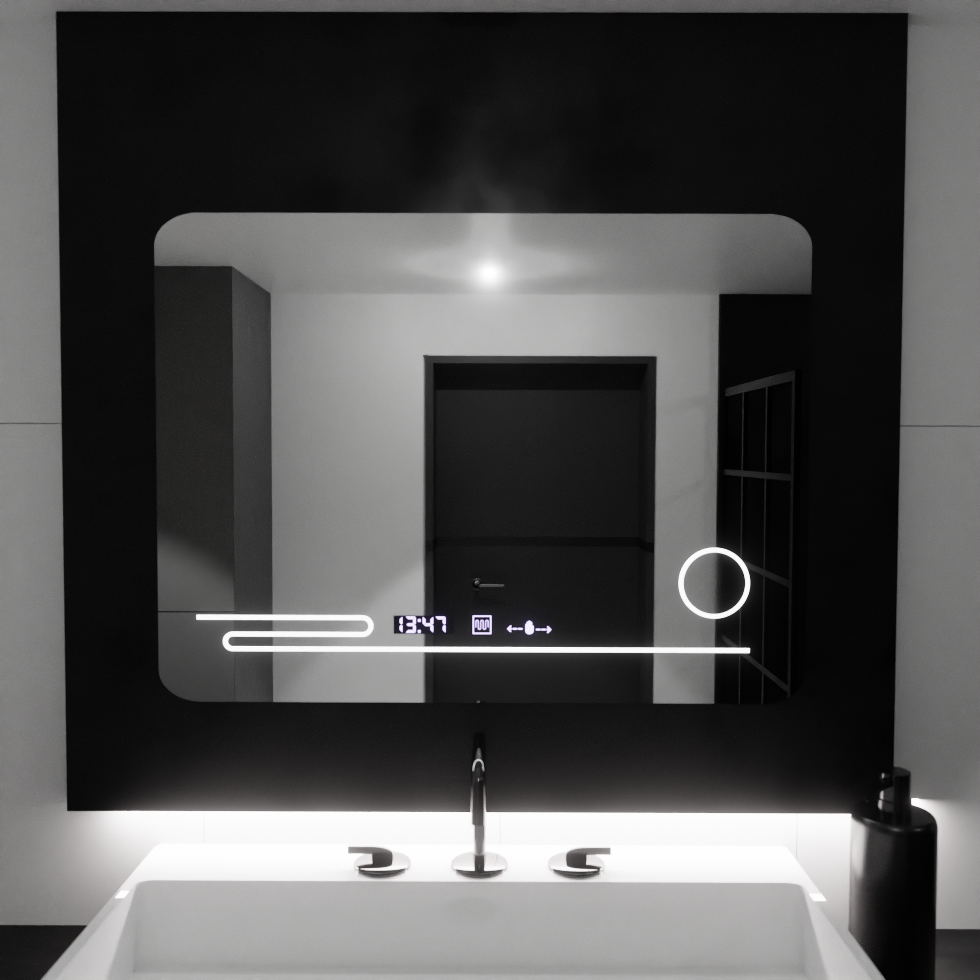 Ορθογώνιος καθρέφτης LED, 80x60 cm, Harmonie MotionGlow Marcello, Σύστημα αποθαμβώματος, Θερμόμετρο και Ρολόι, Καλλυντικός Μεγεθυντικός φακός, Καθρέφτες Dimable Marcello Προεπιλεγμένος τίτλος Alessandro Design