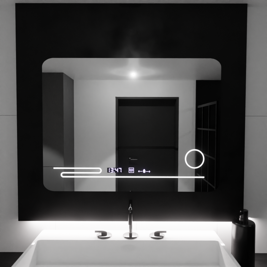 Ορθογώνιος καθρέφτης LED, 80x60 cm, Harmonie MotionGlow Marcello, Σύστημα αποθαμβώματος, Θερμόμετρο και Ρολόι, Καλλυντικός Μεγεθυντικός φακός, Καθρέφτες Dimable Marcello Προεπιλεγμένος τίτλος Alessandro Design