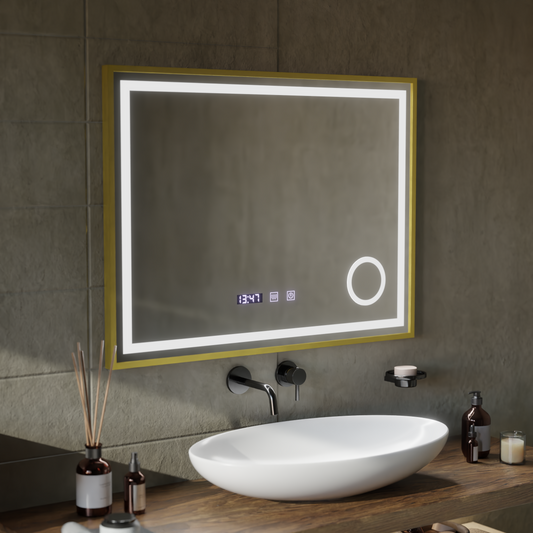 Σύστημα αποθολώματος καθρεπτών αφής CLARUS LED, ρολόι και θερμοκρασία 80x60 cm Χρυσό πλαίσιο Βουρτσισμένο καλλυντικό μεγεθυντικός φακός Καθρέφτες Korman S Προεπιλεγμένος τίτλος Alessandro Design