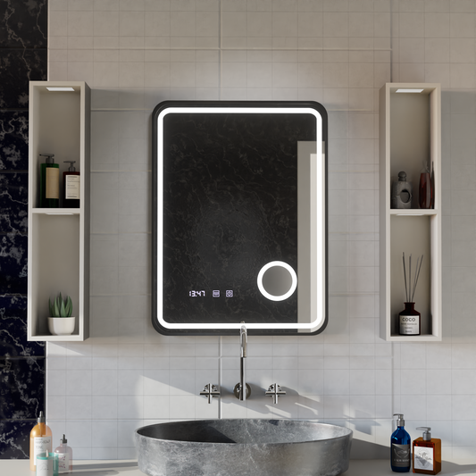 Ulrich LED Touch Mirror De-fogging System, Clock and Temperature 75x90 cm Μαύρο πλαίσιο Βουρτσισμένο καλλυντικό μεγεθυντικός φακός Καθρέφτες Korman S Προεπιλεγμένος τίτλος Alessandro Design