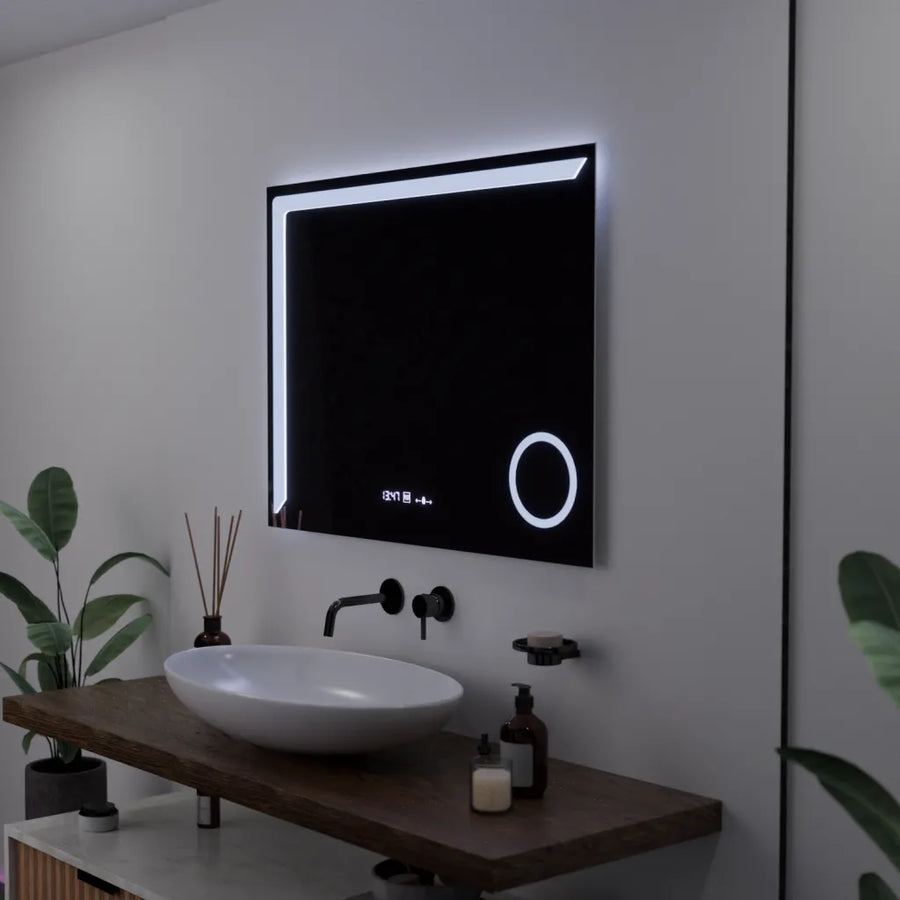 Ορθογώνιος καθρέφτης LED, 80x60 cm, Precision MotionGlow Marcello, Σύστημα αποθαμβώματος, Ρολόι & Θερμόμετρο, Καλλυντικός Μεγεθυντικός φακός, Dimable Marcello Mirrors Προεπιλεγμένος τίτλος Alessandro Design