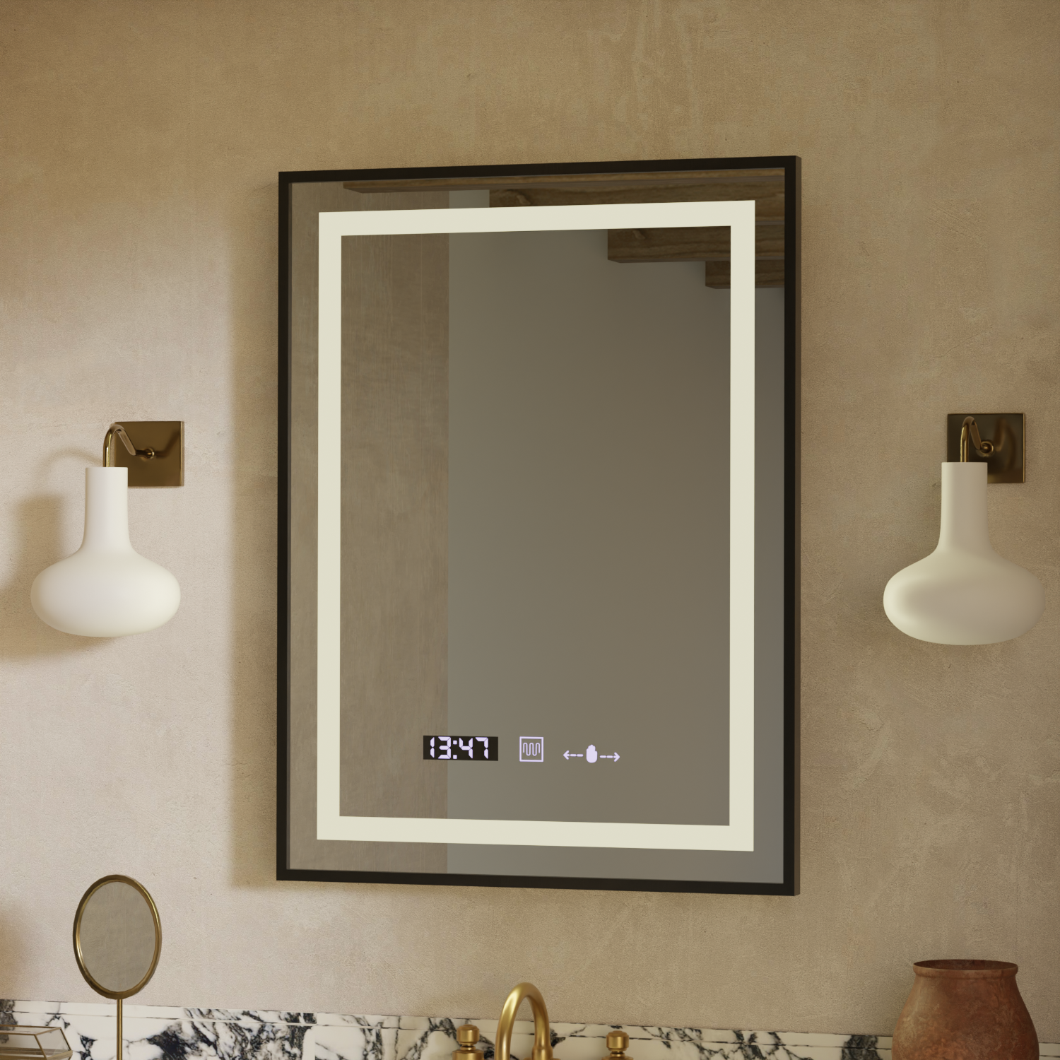 Ορθογώνιος καθρέφτης LED, 50x70 cm, Verite Majeste Noir Motion Glow Marcello, Σύστημα αποθαμβώματος, Ρολόι & Θερμόμετρο, Καθρέφτες Dimable Marcello Προεπιλεγμένος τίτλος Alessandro Design