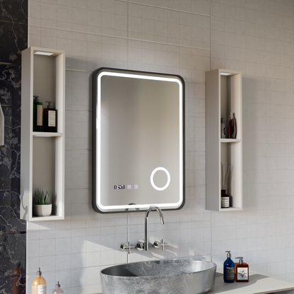 Ulrich LED Touch Mirror De-fogging System, Clock and Temperature 75x90 cm Μαύρο πλαίσιο Βουρτσισμένο καλλυντικό μεγεθυντικός φακός Καθρέφτες Korman S Προεπιλεγμένος τίτλος Alessandro Design