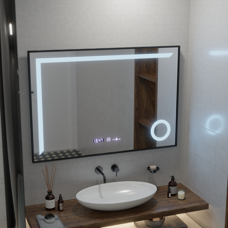 Καθρέφτης LED MotionGlow Αισθητήρας Sofia με λειτουργία αποθαμβώματος Θερμόμετρο Ρολόι 110x75 cm Ρυθμιζόμενο Ζεστό/Ψυχρό/Ουδέτερο φως, Brushed Black Frame, Marcello Funghi Collection Marcello Mirrors Προεπιλεγμένος τίτλος Alessandro Design
