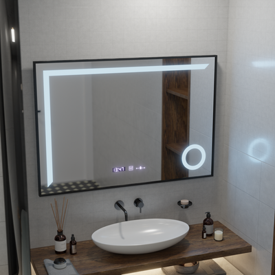 Αισθητήρας καθρέφτη LED MotionGlow Sofia με λειτουργία αποθάμβωσης Θερμόμετρο Ρολόι 110x75 cm Θερμό/Ψυχρό/Ουδέτερο φως με δυνατότητα ρύθμισης φωτισμού, Brushed Black Frame, Marcello Funghi Collection