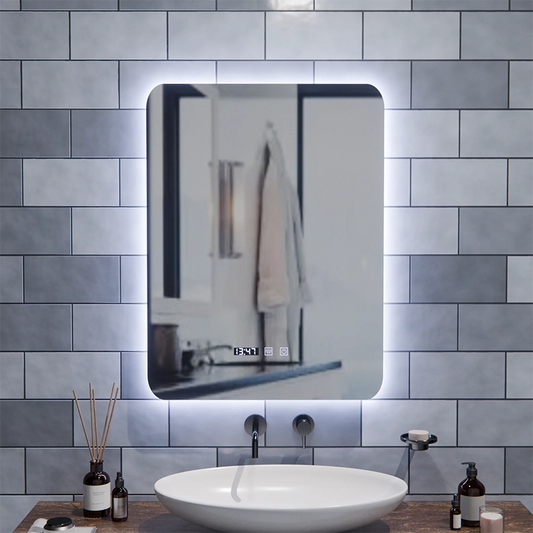 Ορθογώνιος καθρέφτης LED αφής ARTAR, 60X80cm, Σύστημα αποθάμβωσης, Ρυθμιζόμενος, Ρολόι και Θερμοκρασία, Θερμό Ουδέτερο Ψυχρό Φως 3000K/4000K/6000K