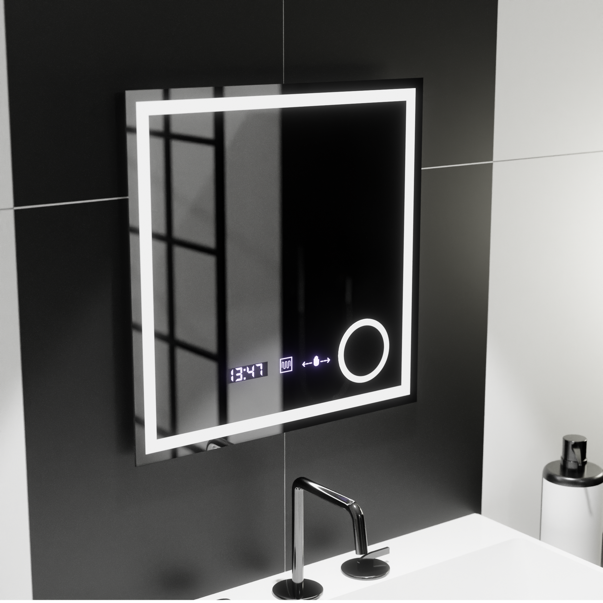 Ορθογώνιος καθρέφτης LED, 60x60 cm, Souverain MotionGlow Marcello, Σύστημα αποθαμβώματος, Ρολόι & Θερμόμετρο, Καλλυντικός Μεγεθυντικός φακός, Dimable Marcello Mirrors Προεπιλεγμένος τίτλος Alessandro Design