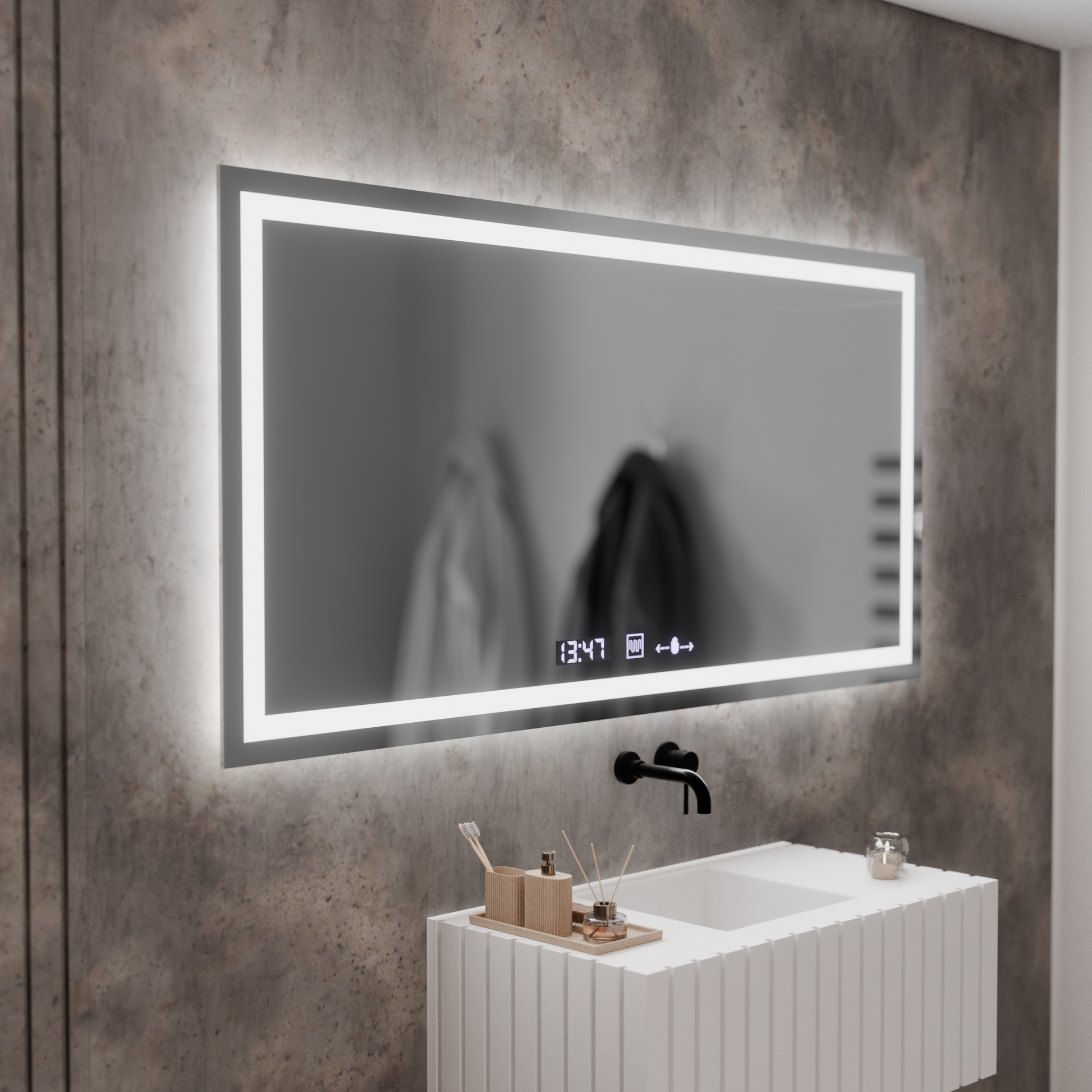 Ορθογώνιος καθρέφτης LED, 120x60 cm, Verite MotionGlow Marcello, Σύστημα αποθάμβωσης, Ρολόι & Θερμόμετρο, Dimable Mirrors Marcello Προεπιλεγμένος τίτλος Alessandro Design
