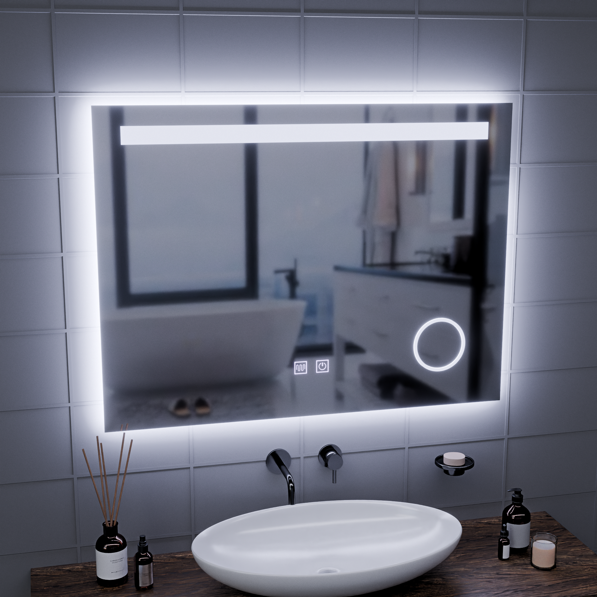 Ορθογώνιος καθρέφτης LED, 80x60cm, Piano Touch, Demister System, Dimmable, Cold Light 6000K Mirrors Korman E Προεπιλεγμένος τίτλος Alessandro Design